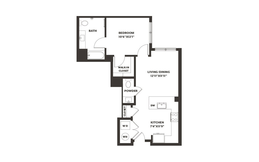 A1 - 1 bedroom floorplan layout with 1.5 bath and 695 square feet. (2D)