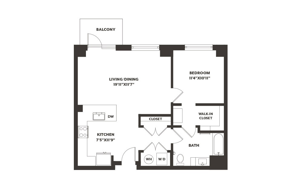 A6 - 1 bedroom floorplan layout with 1 bath and 822 square feet. (2D)
