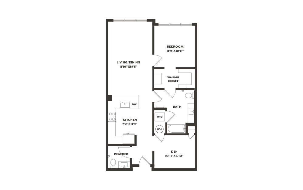 AD10 - 1 bedroom floorplan layout with 1.5 bath and 944 square feet. (2D)