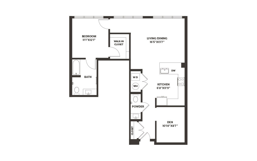 AD11 - 1 bedroom floorplan layout with 1.5 bath and 998 square feet. (2D)