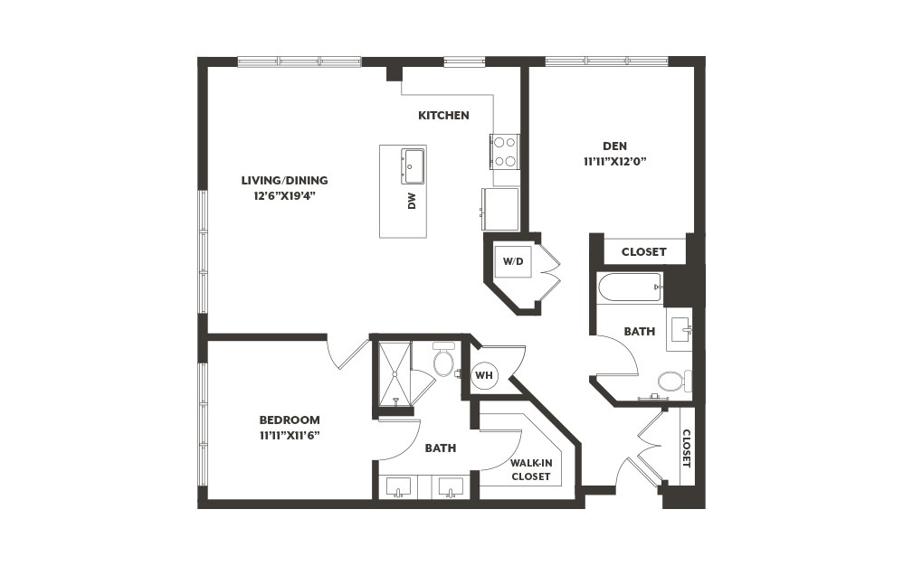 AD12 - 1 bedroom floorplan layout with 2 baths and 1158 square feet. (2D)