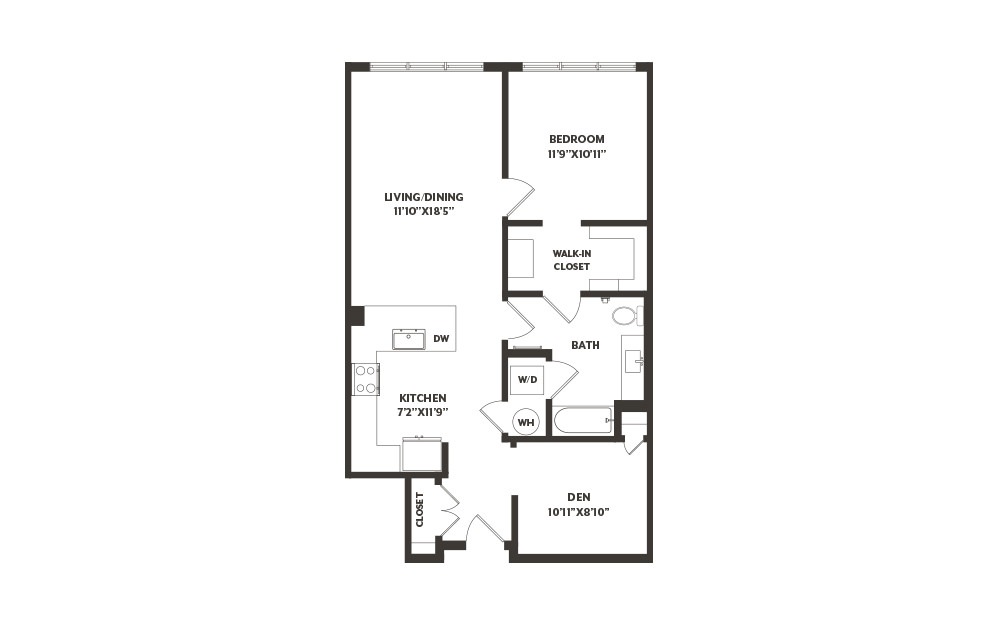 AD7 - 1 bedroom floorplan layout with 1 bath and 900 square feet. (2D)