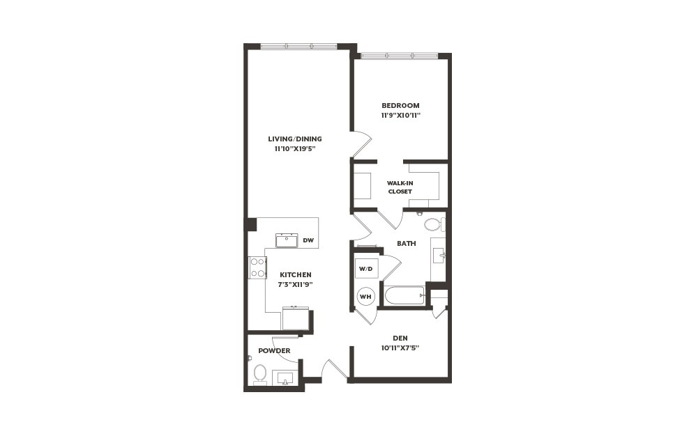 AD9 - 1 bedroom floorplan layout with 1.5 bath and 929 square feet. (2D)