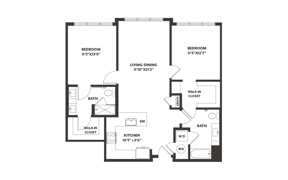 B1 - 2 bedroom floorplan layout with 2 baths and 1119 square feet. (2D)