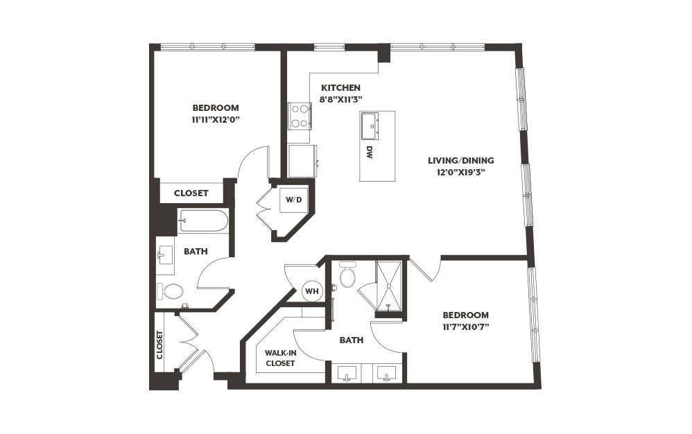 B2 - 2 bedroom floorplan layout with 2 baths and 1146 square feet. (2D)