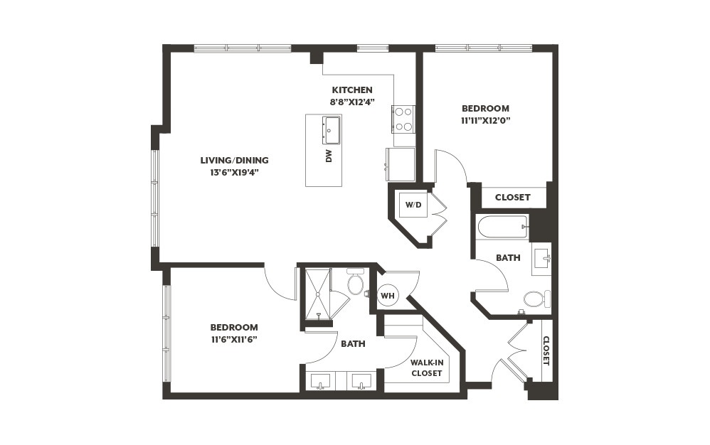B3 - 2 bedroom floorplan layout with 2 baths and 1169 square feet. (2D)
