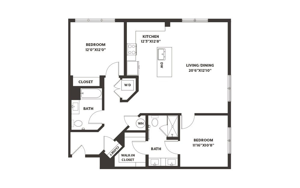 B4 - 2 bedroom floorplan layout with 2 baths and 1181 square feet. (2D)