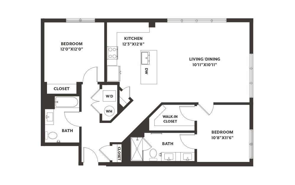 B5 - 2 bedroom floorplan layout with 2 baths and 1194 square feet. (2D)