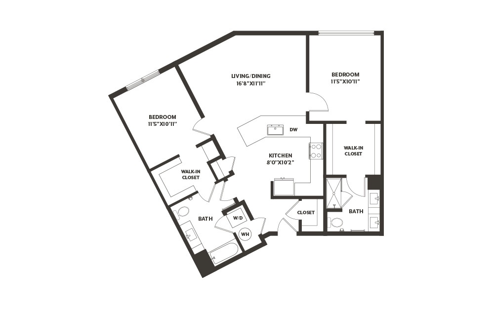 B6 - 2 bedroom floorplan layout with 2 baths and 1210 square feet. (2D)