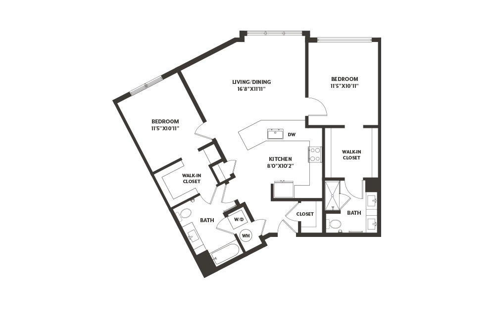 B7 - 2 bedroom floorplan layout with 2 baths and 1221 square feet. (2D)