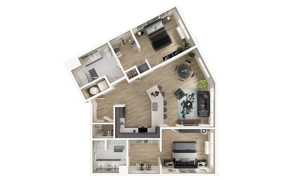 B7 - 2 bedroom floorplan layout with 2 baths and 1221 square feet. (3D)
