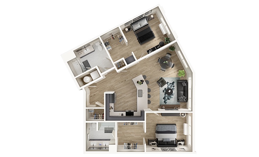 B7 - 2 bedroom floorplan layout with 2 bathrooms and 1221 square feet