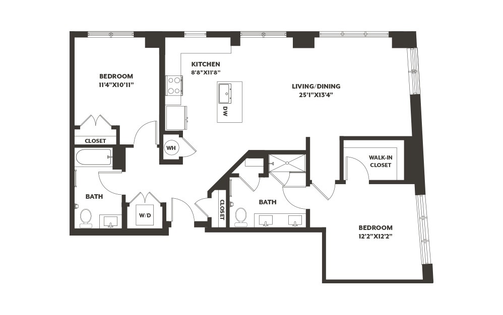 B8 - 2 bedroom floorplan layout with 2 baths and 1237 square feet. (2D)