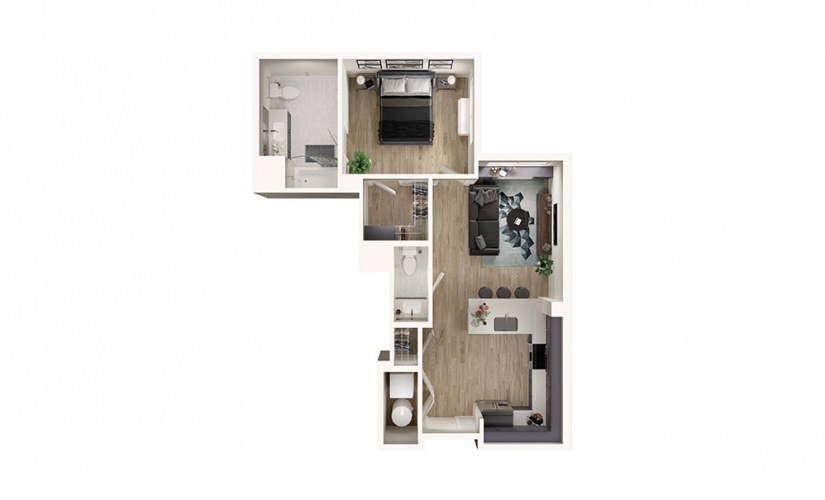 A1 - 1 bedroom floorplan layout with 1.5 bathroom and 695 square feet