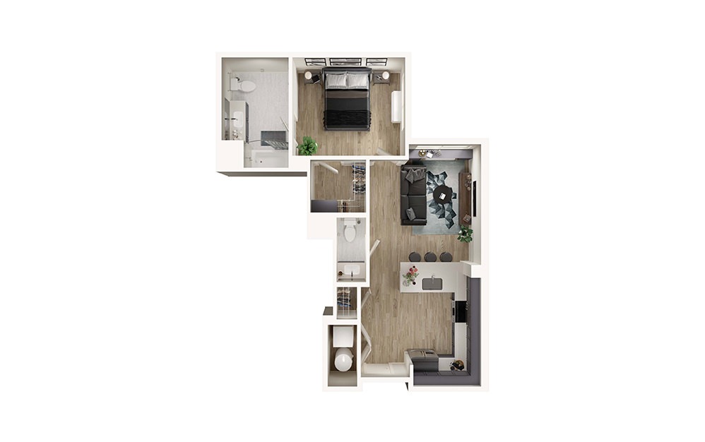 A1 - 1 bedroom floorplan layout with 1.5 bathroom and 695 square feet (3D)