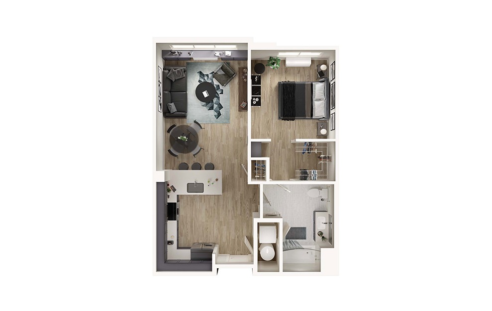 A2 - 1 bedroom floorplan layout with 1 bath and 727 square feet. (3D)