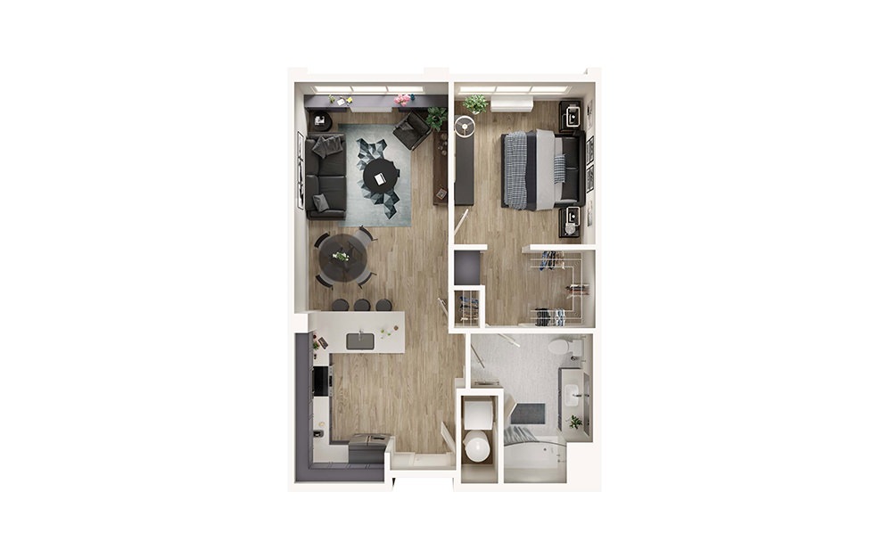 A3 - 1 bedroom floorplan layout with 1 bathroom and 763 square feet (3D)