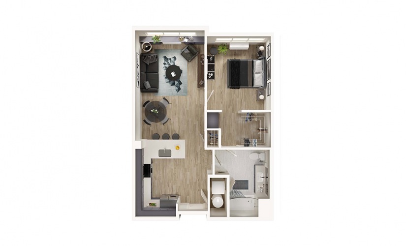 A4 - 1 bedroom floorplan layout with 1 bathroom and 775 square feet