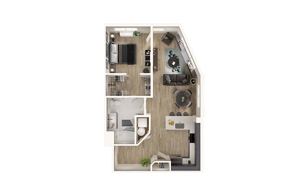 A5 - 1 bedroom floorplan layout with 1 bath and 822 square feet. (3D)