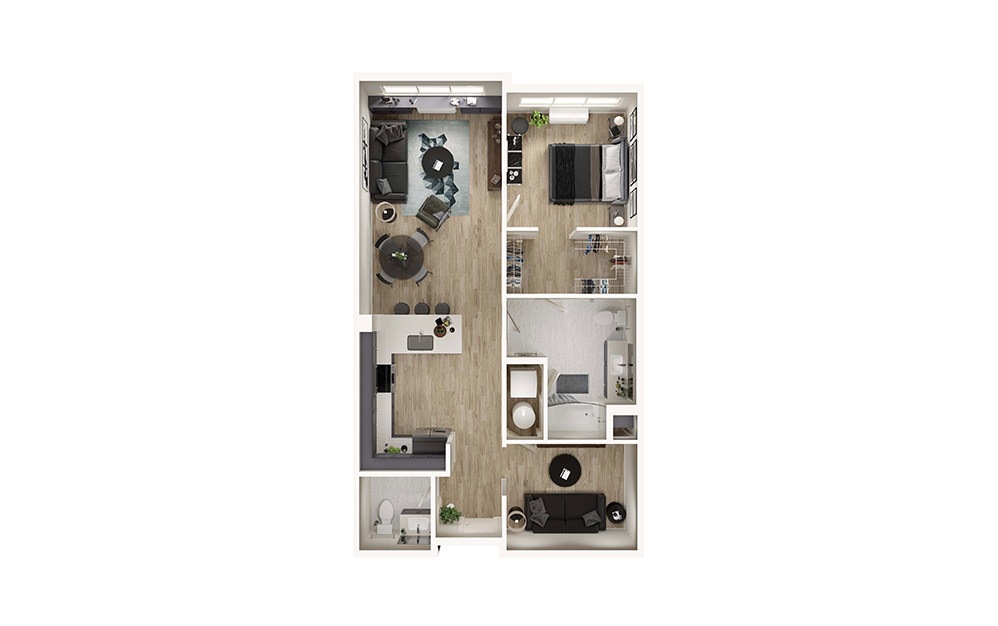 AD10 - 1 bedroom floorplan layout with 1.5 bathroom and 944 square feet (3D)