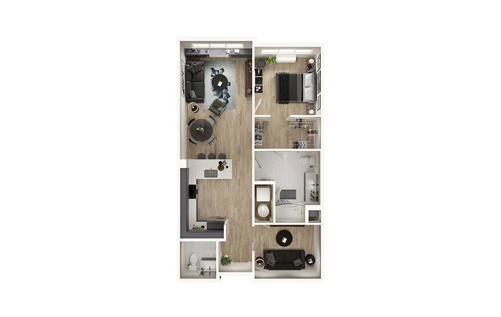 AD10 - 1 bedroom floorplan layout with 1.5 bath and 944 square feet. (3D)
