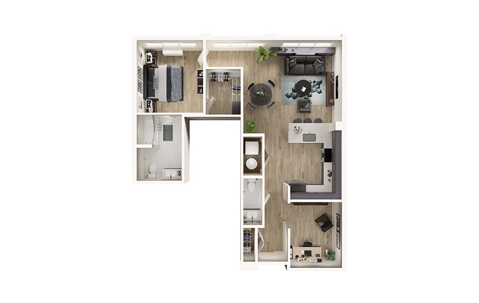 AD11 - 1 bedroom floorplan layout with 1.5 bath and 998 square feet. (3D)