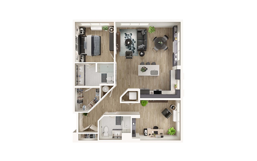 AD12 - 1 bedroom floorplan layout with 2 bathrooms and 1158 square feet (3D)