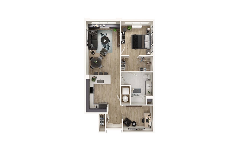 AD7 - 1 bedroom floorplan layout with 1 bathroom and 900 square feet (3D)