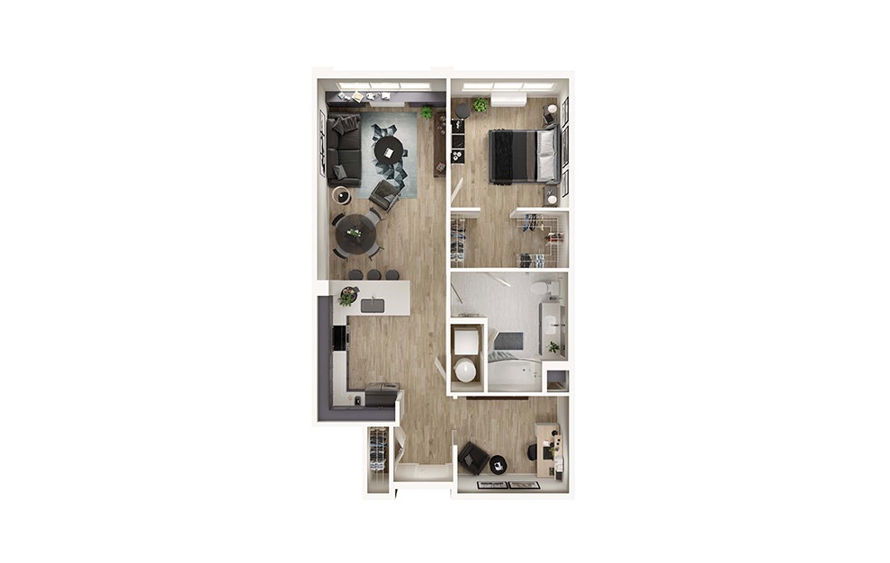 AD7 - 1 bedroom floorplan layout with 1 bath and 900 square feet. (3D)