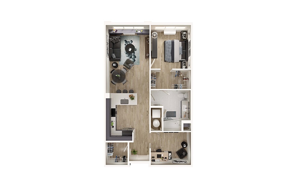 AD8 - 1 bedroom floorplan layout with 1 bath and 929 square feet. (3D)