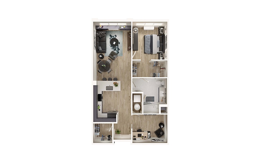 AD8 - 1 bedroom floorplan layout with 1 bathroom and 929 square feet (3D)