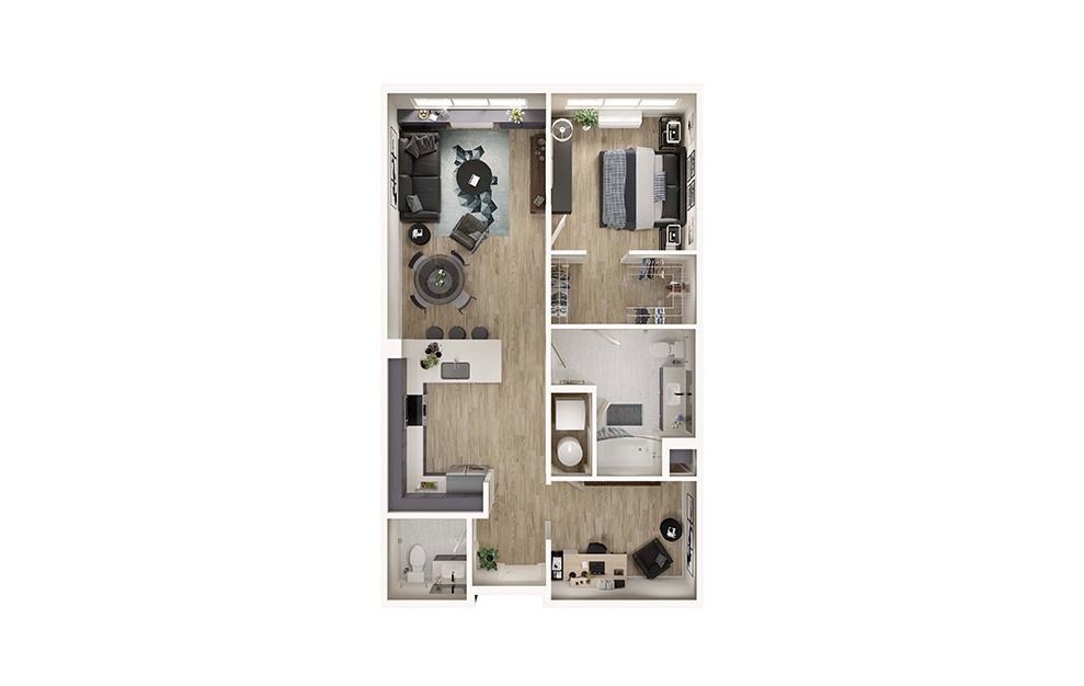 AD9 - 1 bedroom floorplan layout with 1.5 bath and 929 square feet. (3D)