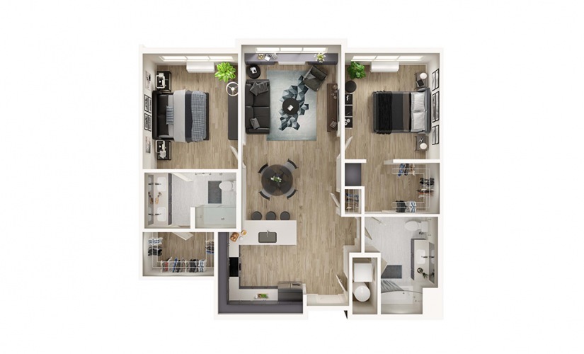 B1 - 2 bedroom floorplan layout with 2 bathrooms and 1119 square feet