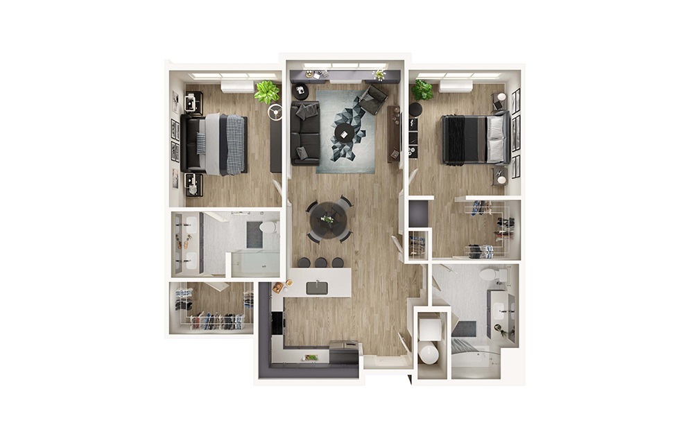 B1 - 2 bedroom floorplan layout with 2 bathrooms and 1119 square feet (3D)