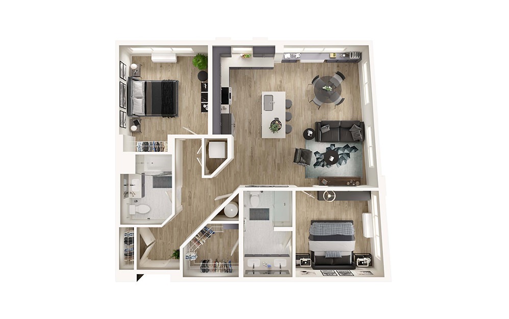 B2 - 2 bedroom floorplan layout with 2 bathrooms and 1146 square feet (3D)