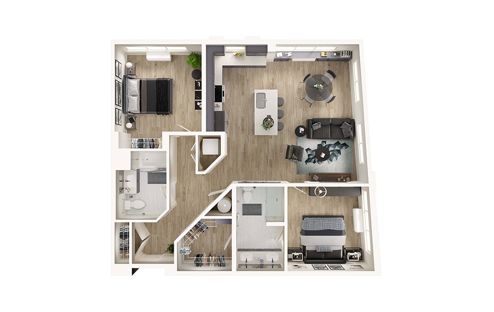 B2 - 2 bedroom floorplan layout with 2 baths and 1146 square feet. (3D)