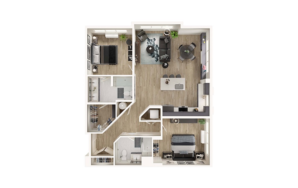 B3 - 2 bedroom floorplan layout with 2 baths and 1169 square feet. (3D)