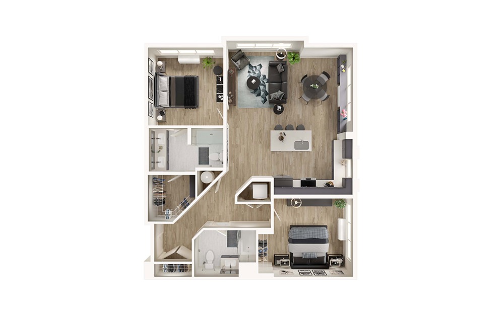 B3 - 2 bedroom floorplan layout with 2 bathrooms and 1169 square feet (3D)