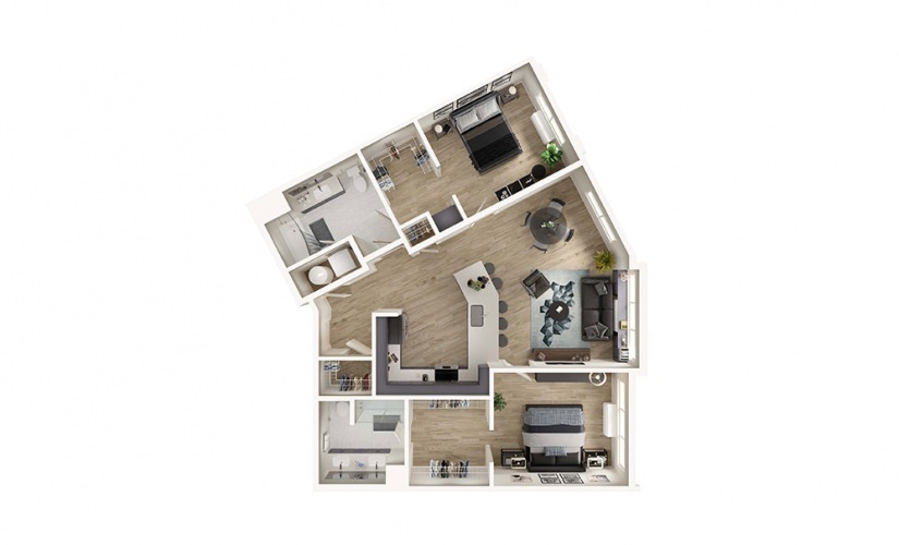 B6 - 2 bedroom floorplan layout with 2 bathrooms and 1210 square feet