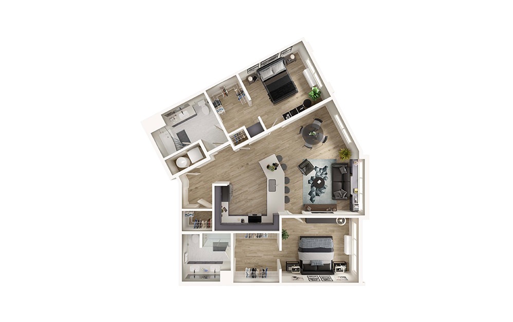 B6 - 2 bedroom floorplan layout with 2 bathrooms and 1210 square feet (3D)