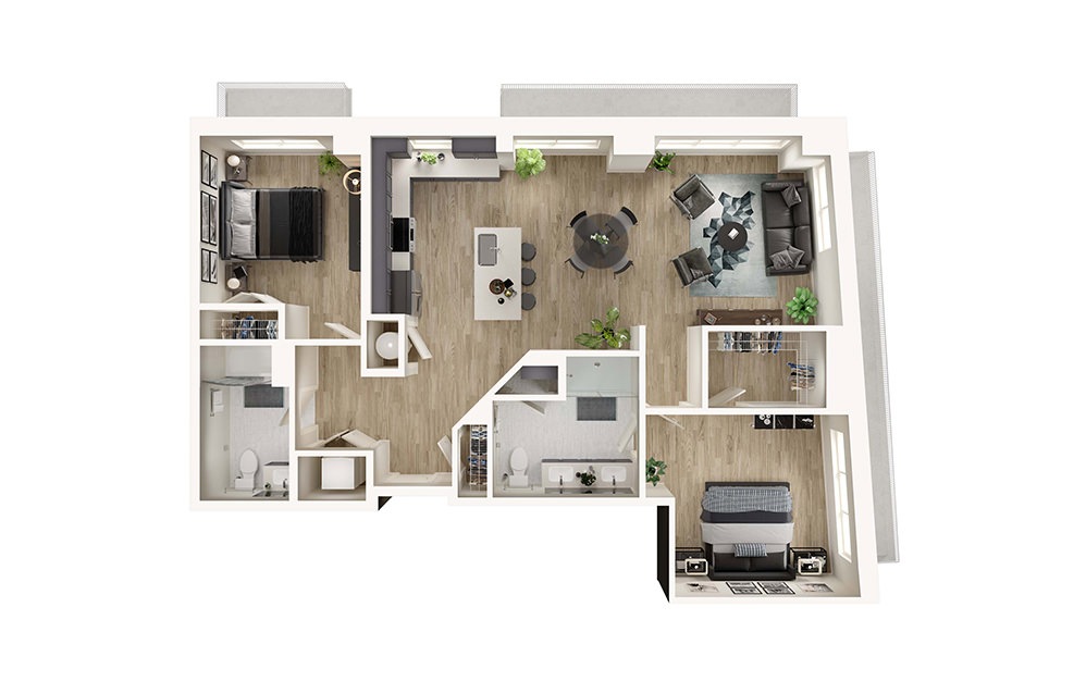 B8 - 2 bedroom floorplan layout with 2 bathrooms and 1237 square feet (3D)