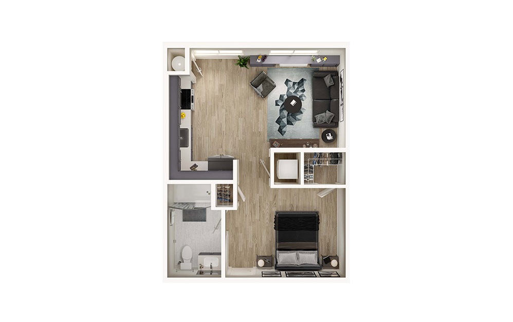 S6 - Studio floorplan layout with 1 bathroom and 567 square feet (3D)