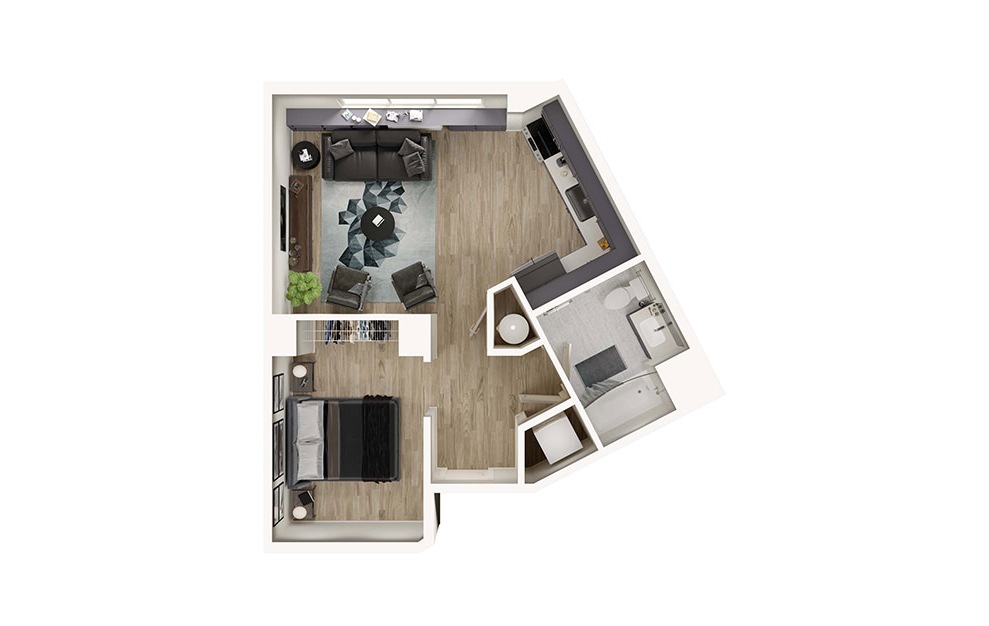 S7 - Studio floorplan layout with 1 bath and 567 square feet. (3D)
