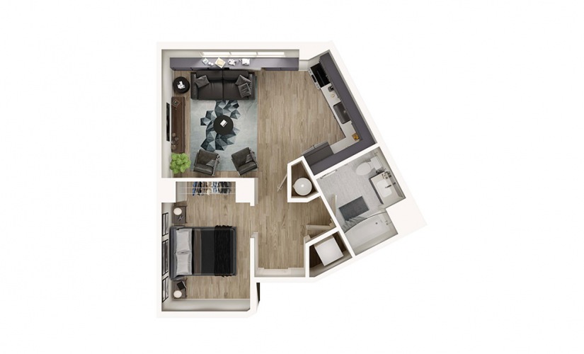 S7 - Studio floorplan layout with 1 bathroom and 567 square feet
