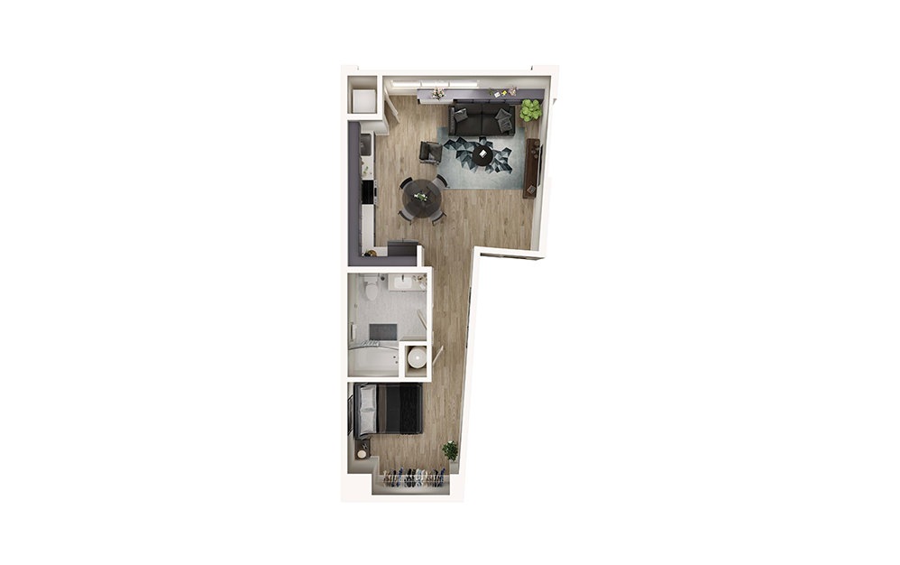 S8 - Studio floorplan layout with 1 bathroom and 638 square feet (3D)