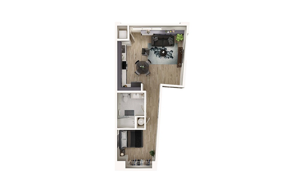 S8 - Studio floorplan layout with 1 bath and 638 square feet. (3D)
