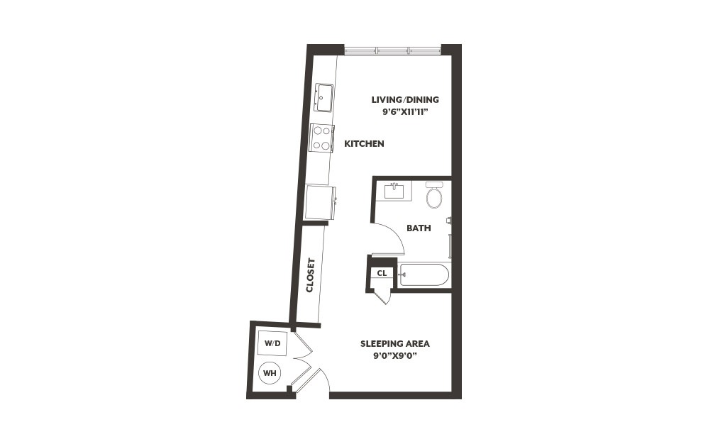 S1 - Studio floorplan layout with 1 bath and 508 square feet. (2D)
