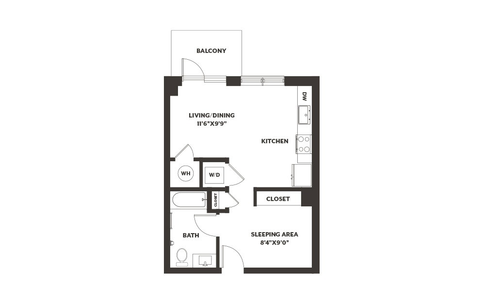 S2 - Studio floorplan layout with 1 bath and 535 square feet. (2D)