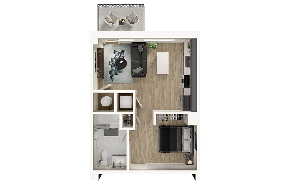 S2 - Studio floorplan layout with 1 bath and 535 square feet. (3D)