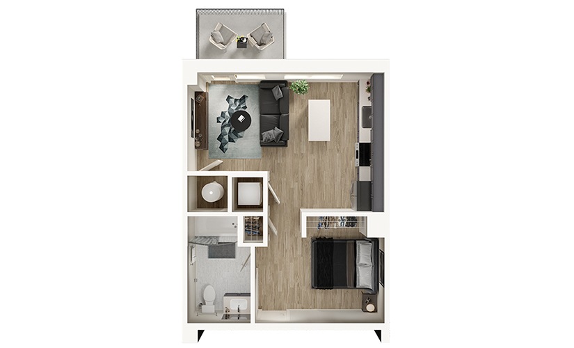 S2 - Studio floorplan layout with 1 bathroom and 535 square feet
